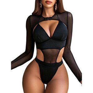 Women Black 1 Festival Sexy Lingerie Bodysuit Buckle Shrug Crop Top Set Outfits